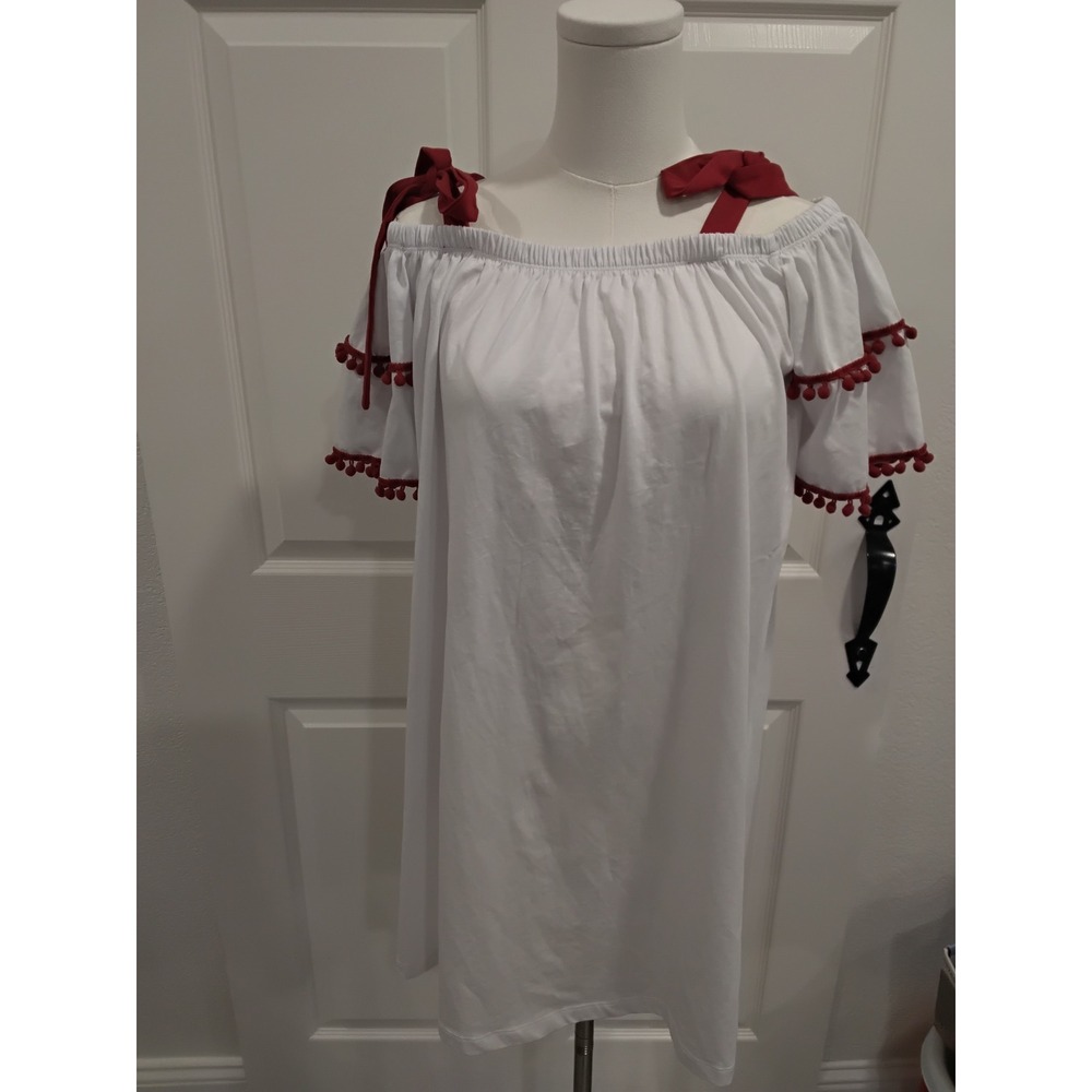 ASOS Off Shoulder White Pom Pom Trim Tassel Tie Top Women US 4‎